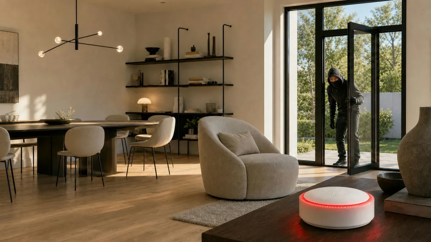 Apeiron Guard Mini Alarm Hub flashing red as an intruder enters a modern home through an open door
