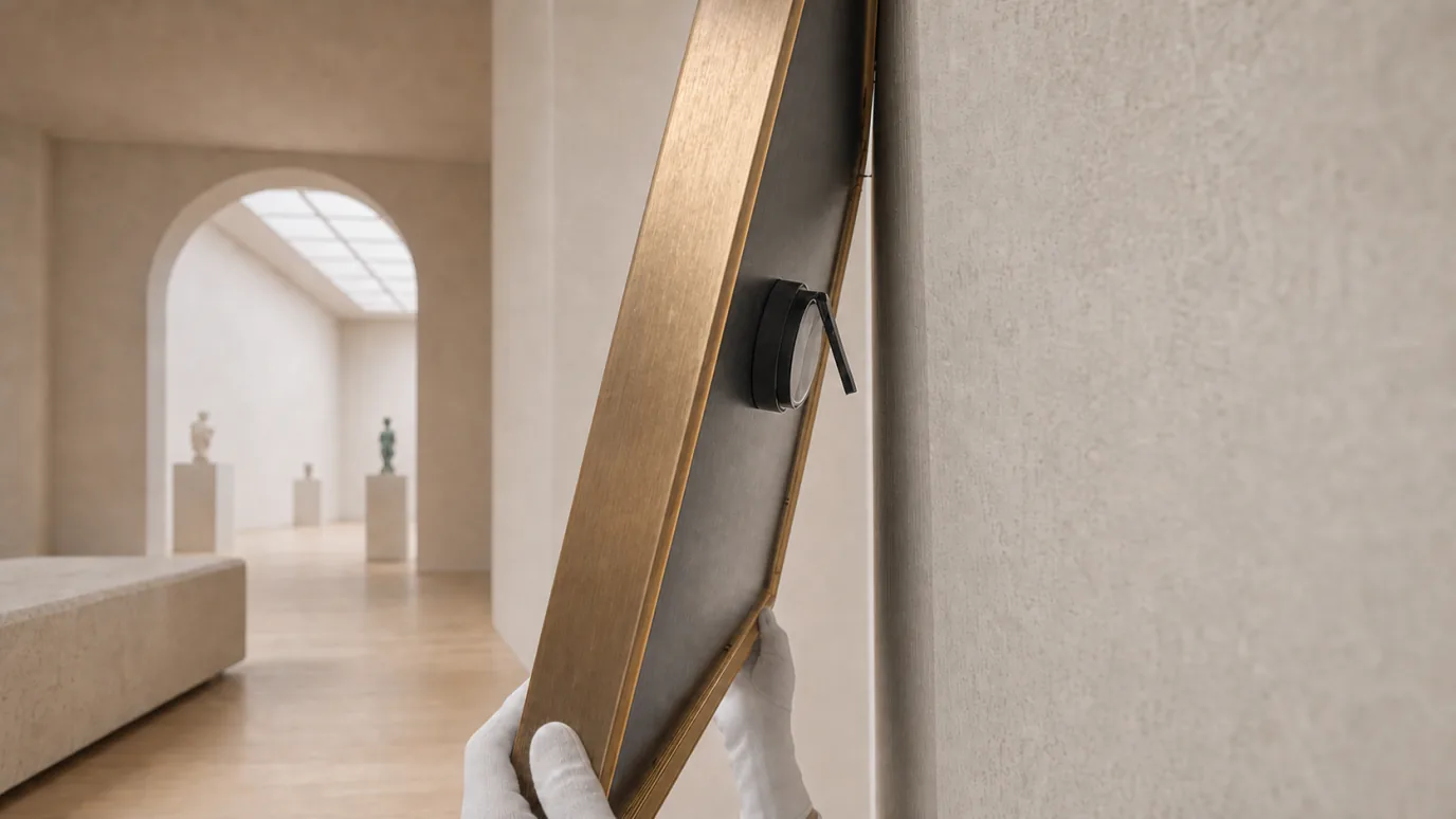 Artwork Protection Sensor for Painting attached behind a lifted frame with the hinged lever released toward the wall