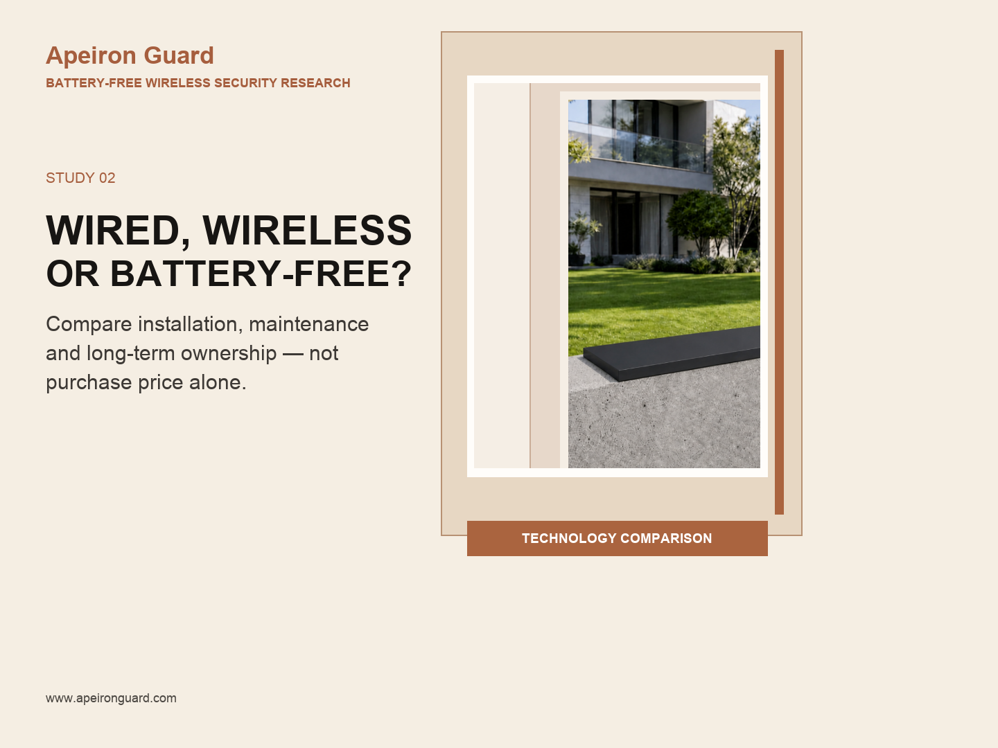 English cover comparing wired, battery-powered wireless and kinetic-powered security sensors
