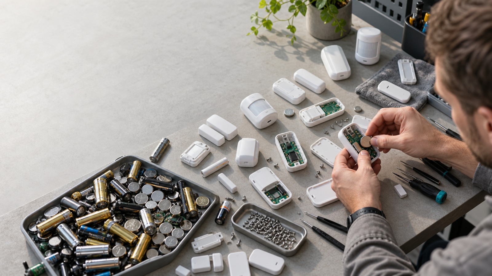Generic battery maintenance scene with multiple wireless sensors and batteries