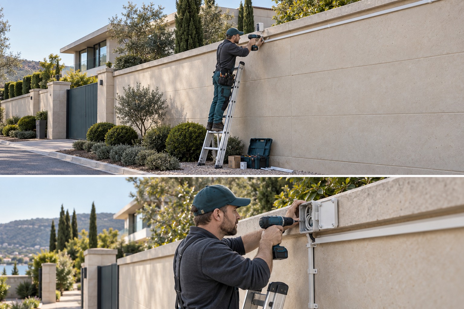 Two-view AI illustration of exterior wiring construction conditions