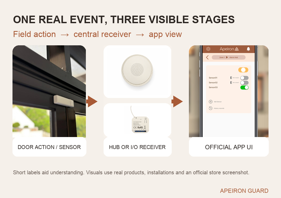 Translated event flow showing a real door sensor, Mini Alarm Hub, Wireless I/O Module and official app interface