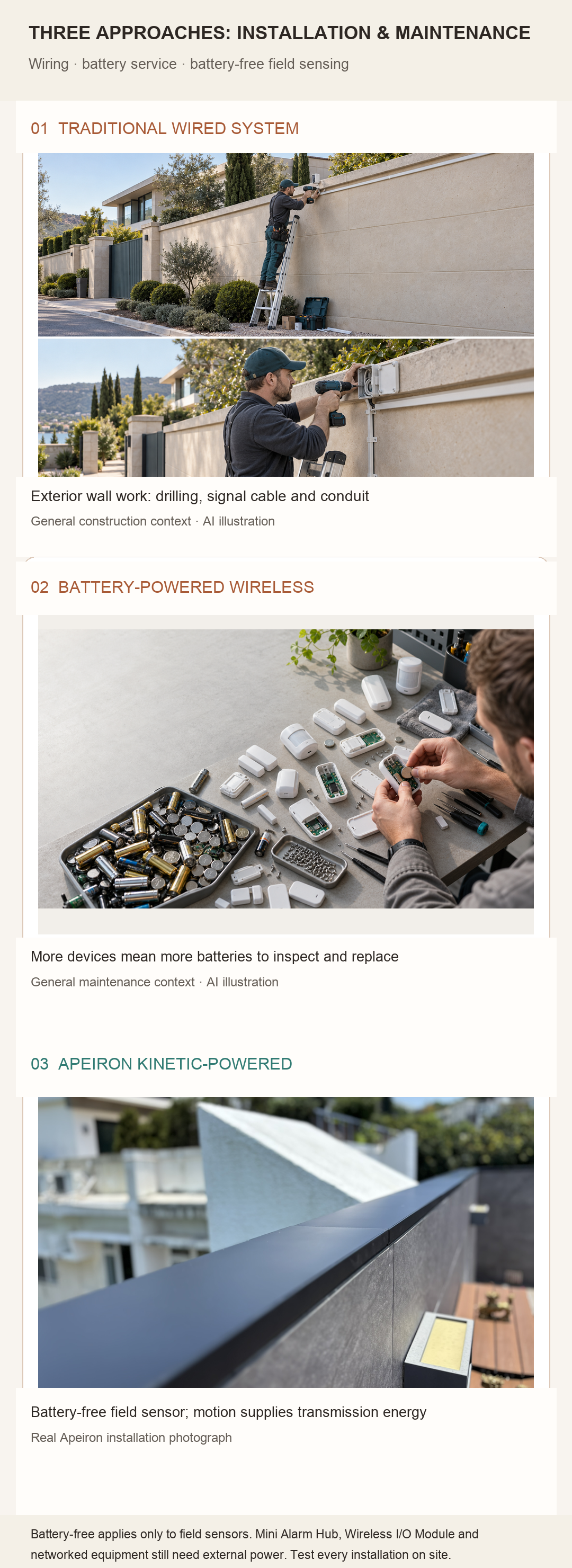 Translated full-height comparison of wired construction, battery maintenance and a real Apeiron Guard kinetic-powered installation