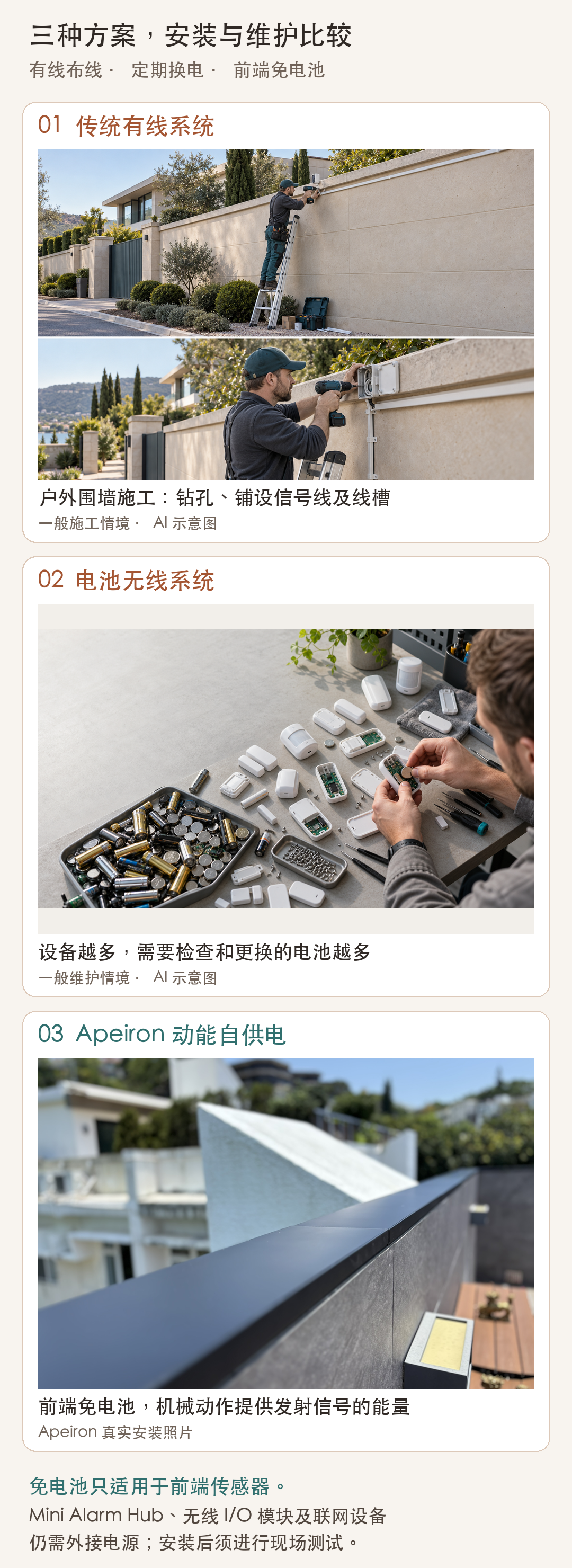 比較有線施工、電池維護及 Apeiron 動能自供電真實安裝的完整長圖