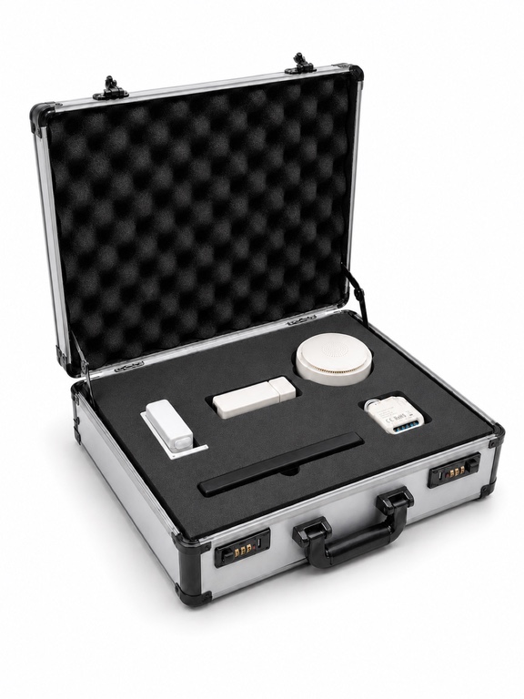 Open Apeiron Guard partner trial demo kit with a Mini Alarm Hub, Wireless I/O Module, window sensor, door sensor, and smaller wall-top sensor sample