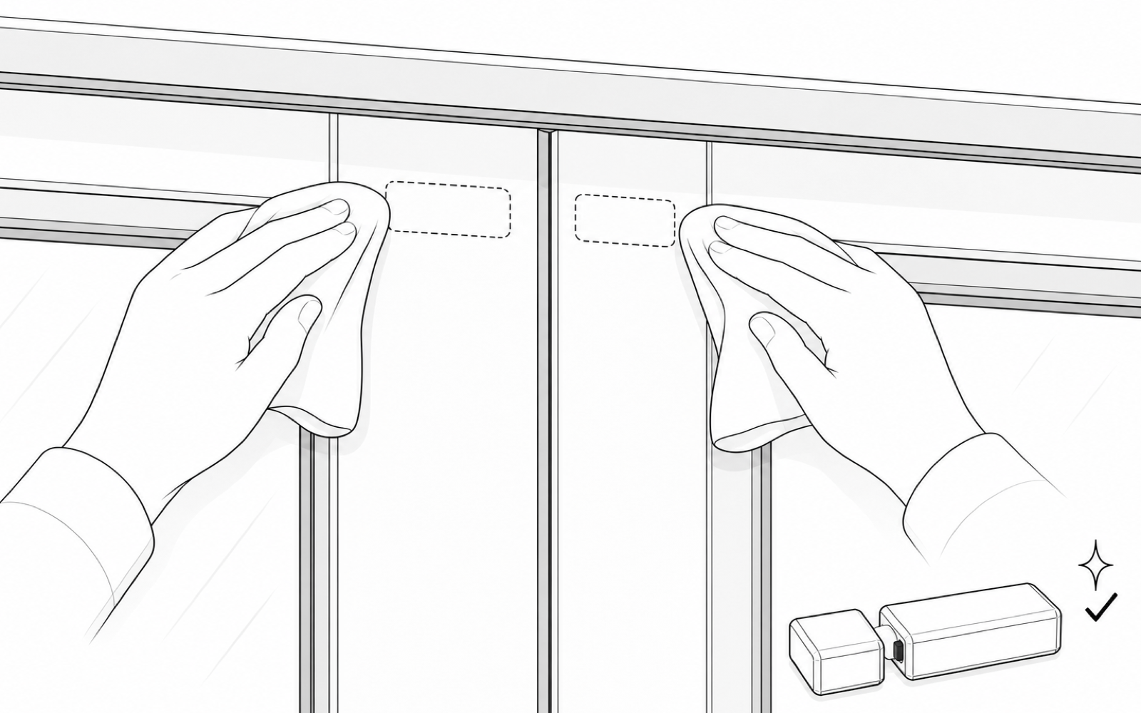 Black-and-white installation illustration showing both Door Sensor mounting locations being cleaned with lint-free cloths