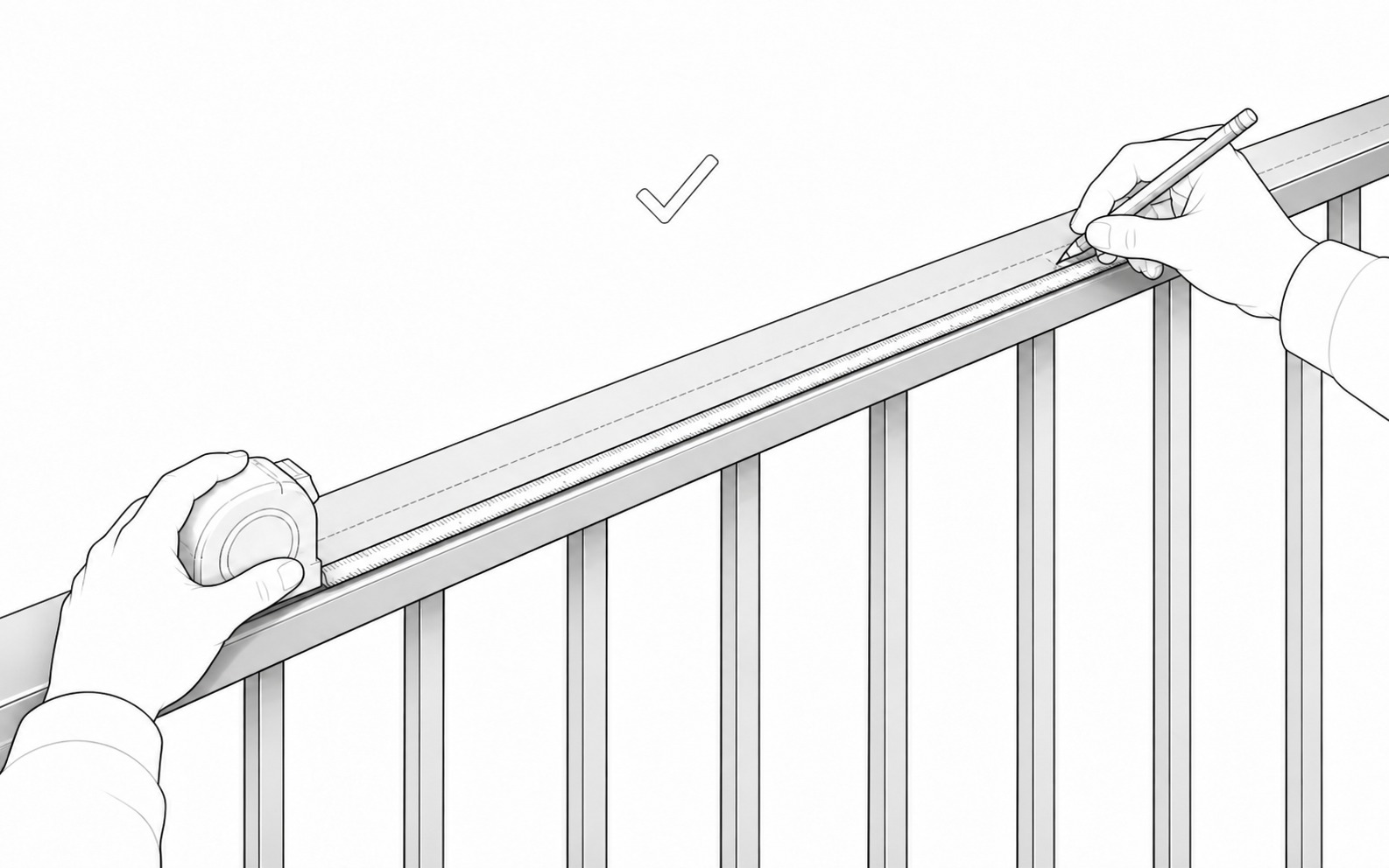 Black-and-white installation illustration showing an installer measuring and marking a straight fence-top sensor run
