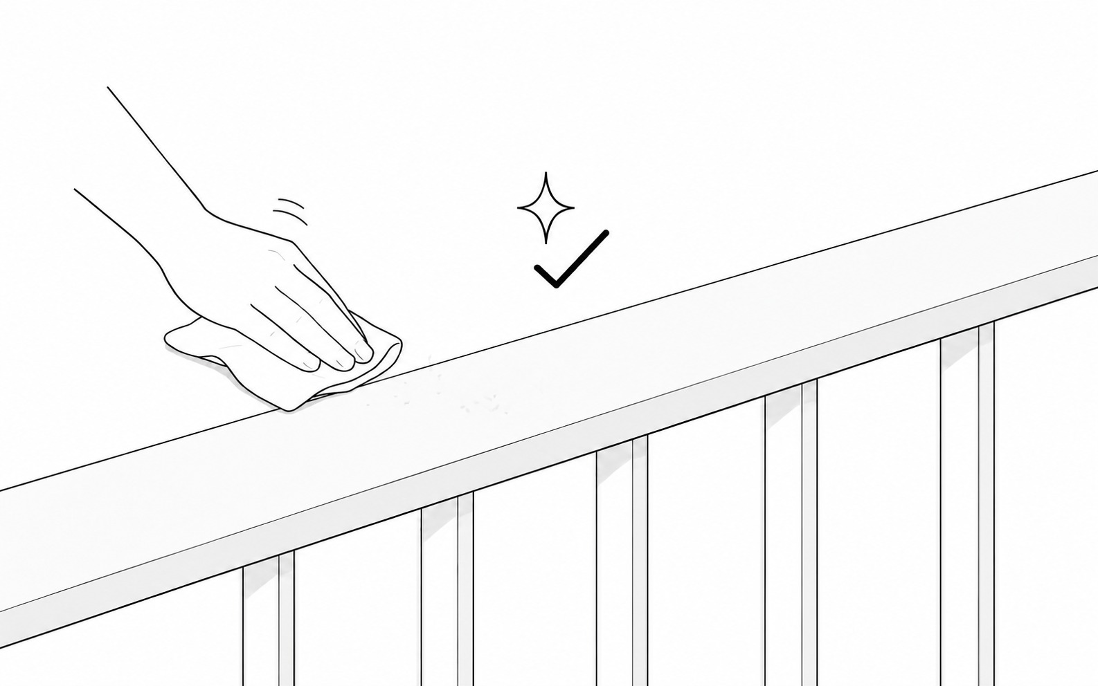 Black-and-white installation illustration showing the fence-top mounting surface being wiped clean