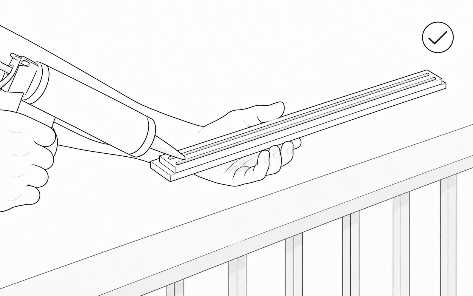 Black-and-white installation illustration showing two structural-sealant beads applied to the Fence Top Sensor base