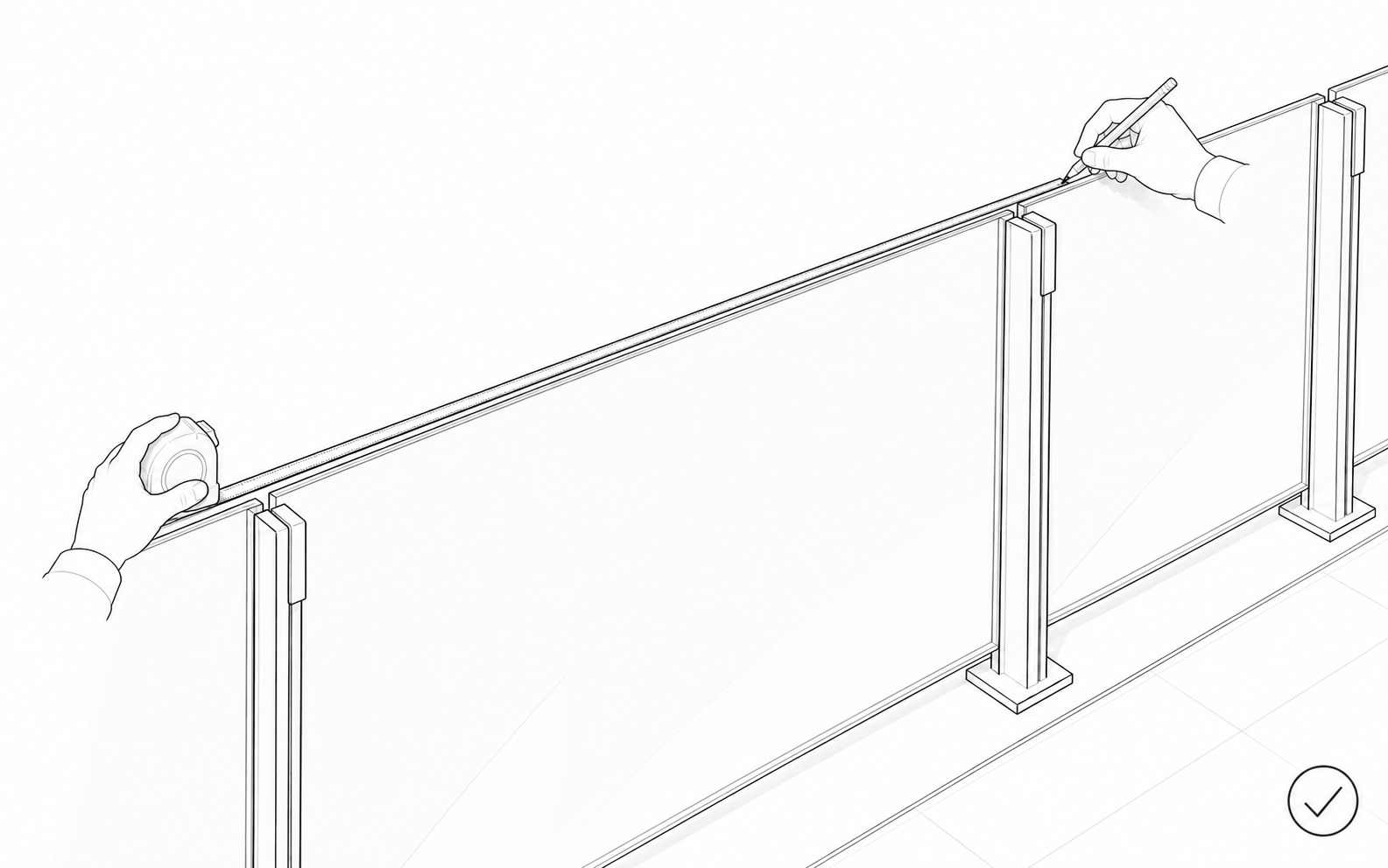 Black-and-white installation illustration showing an installer measuring and marking a straight glass-balustrade sensor run