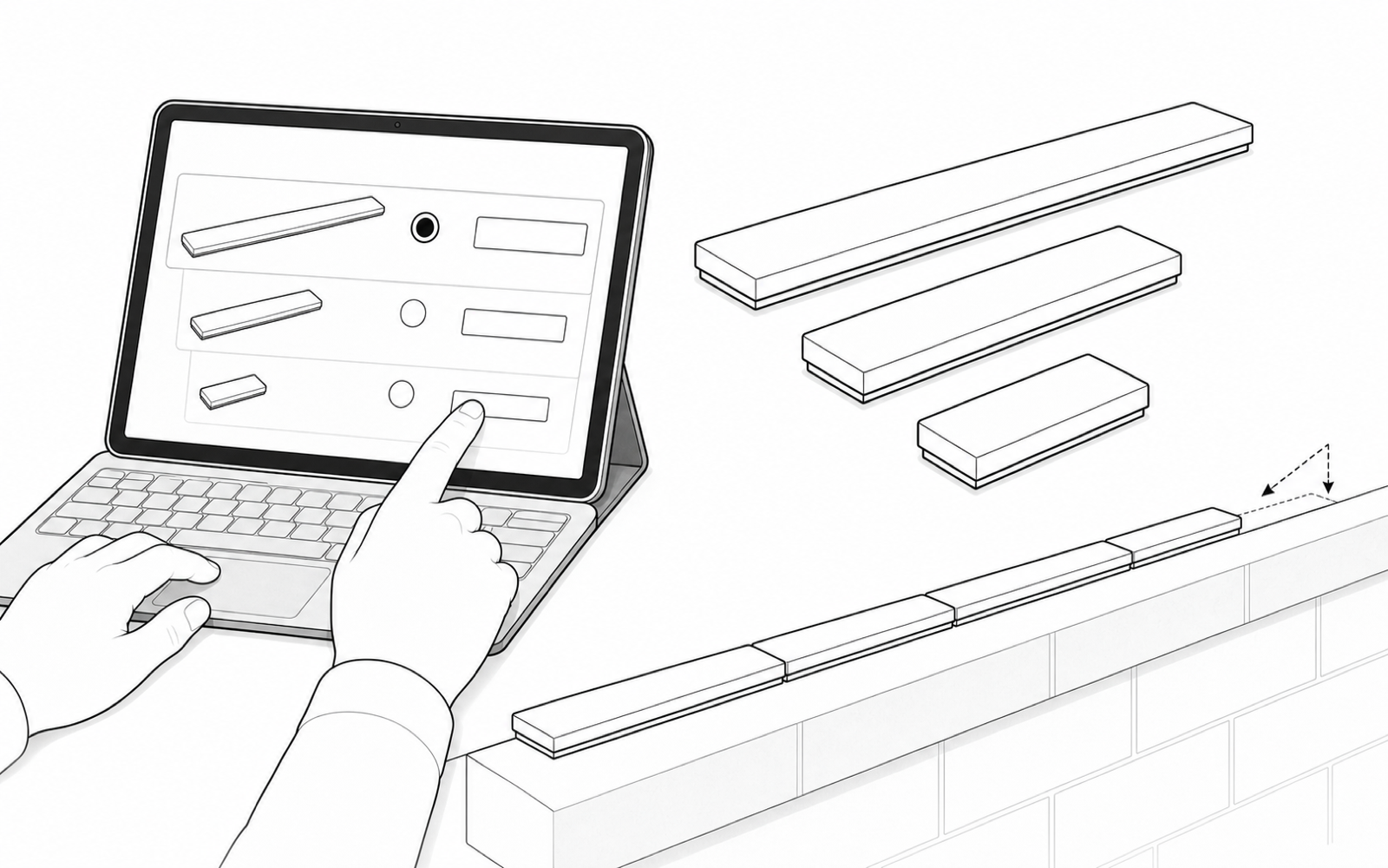 Black-and-white installation illustration showing an installer selecting standard and shorter sensor lengths to match a measured run