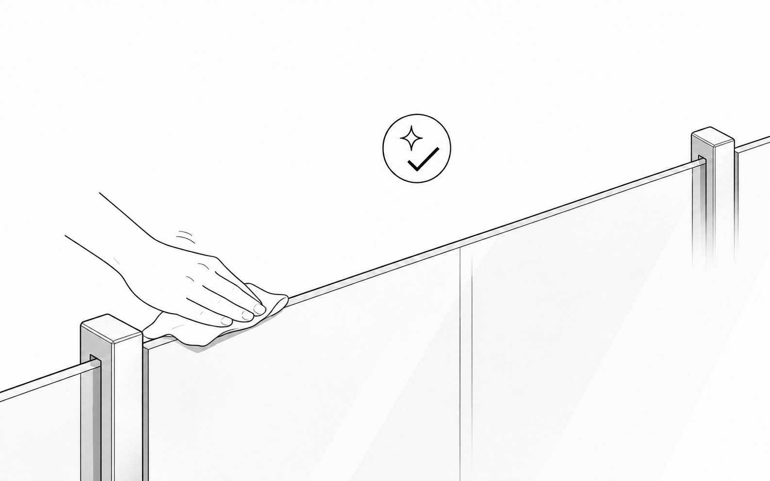 Black-and-white installation illustration showing the glass-balustrade top edge being wiped clean
