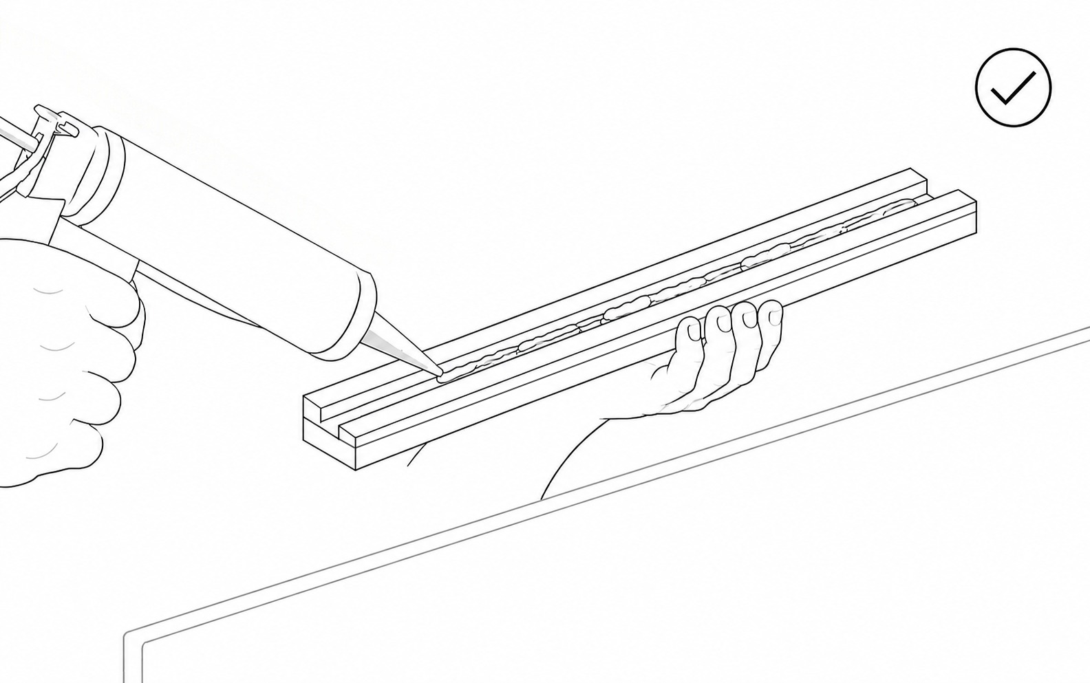 Black-and-white installation illustration showing structural sealant applied inside the Glass Balustrade Sensor channel