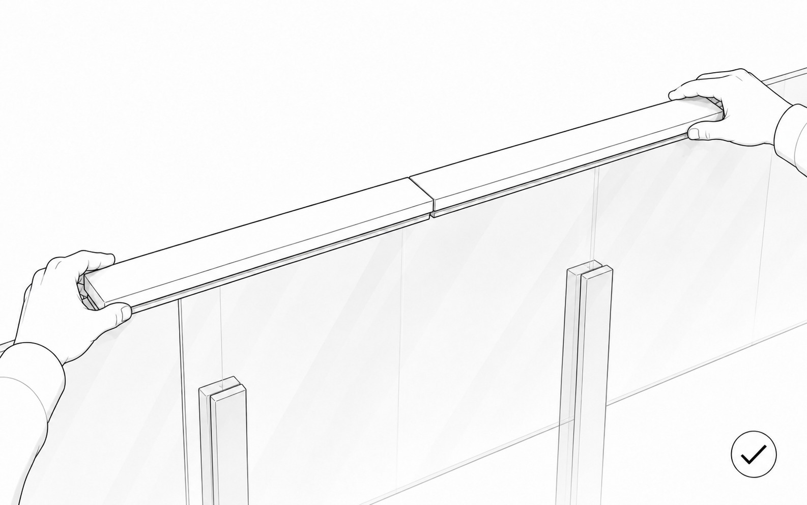 Black-and-white installation illustration showing Glass Balustrade Sensor units placed level and aligned with a minimum 2 mm gap
