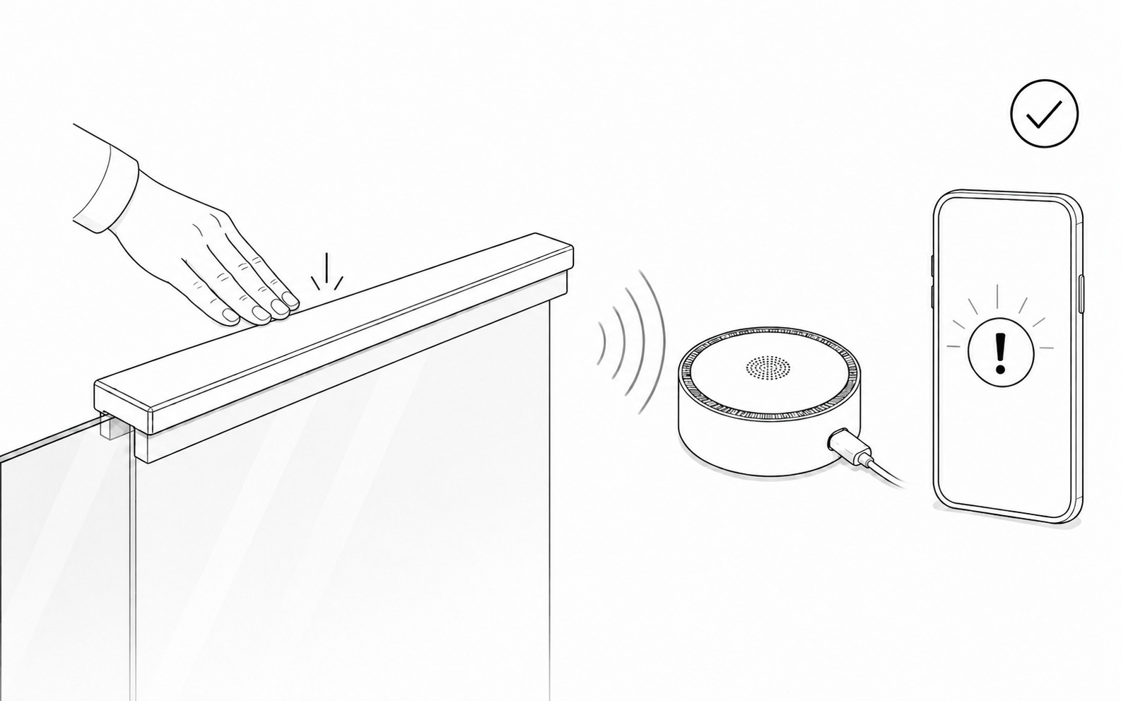 Black-and-white installation illustration showing an installed Glass Balustrade Sensor pressed and its wireless event confirmed by the alarm hub and phone