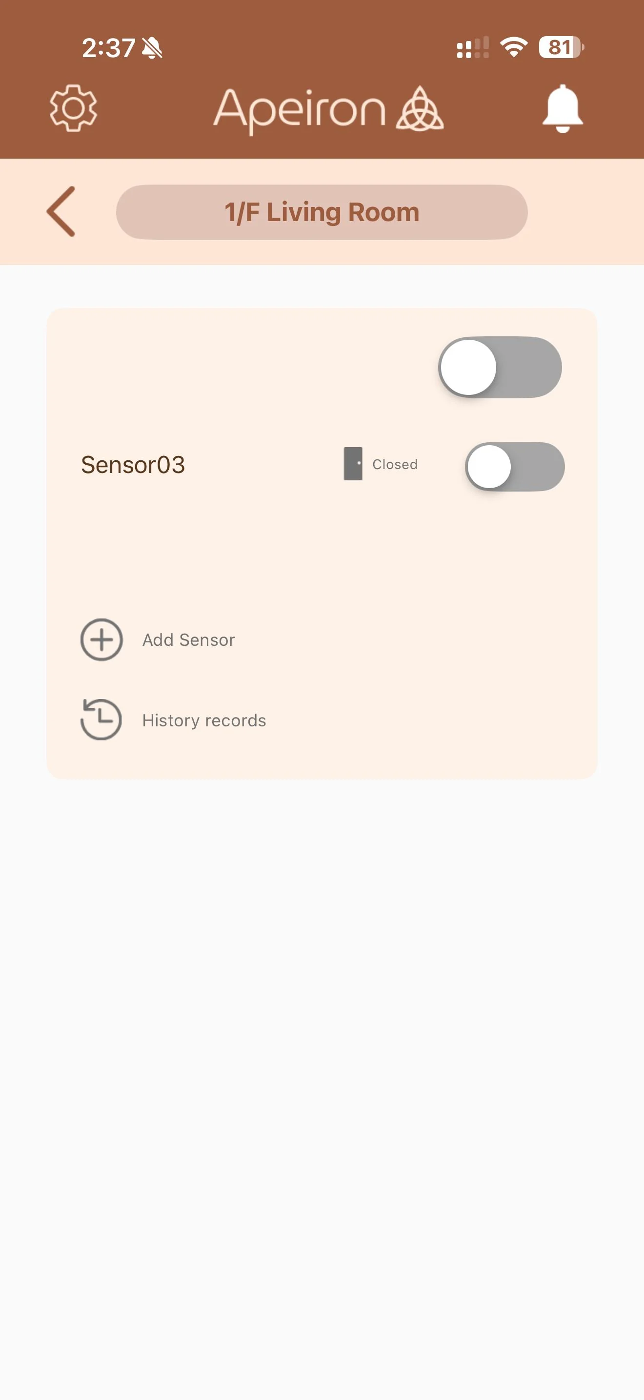 Hub sensor page before the security system is armed