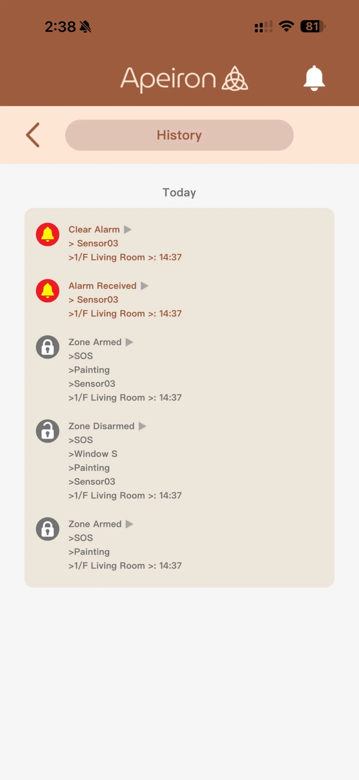 Sensor event history records in the Apeiron Guard App