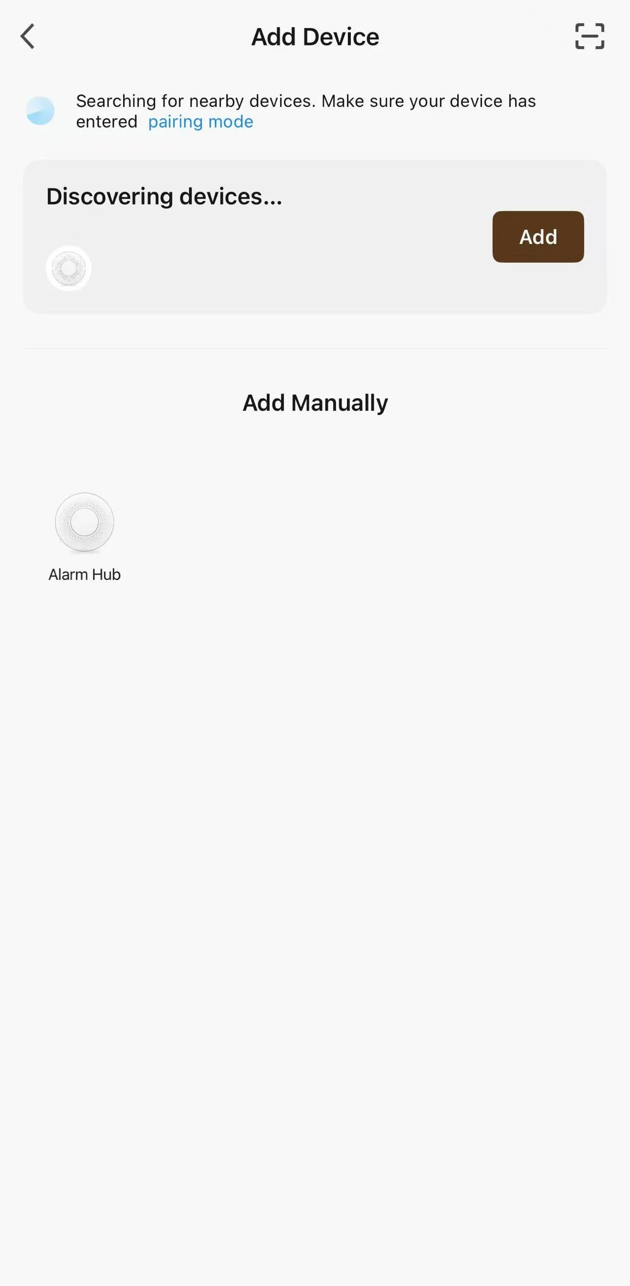 Add Device screen discovering a Mini Alarm Hub