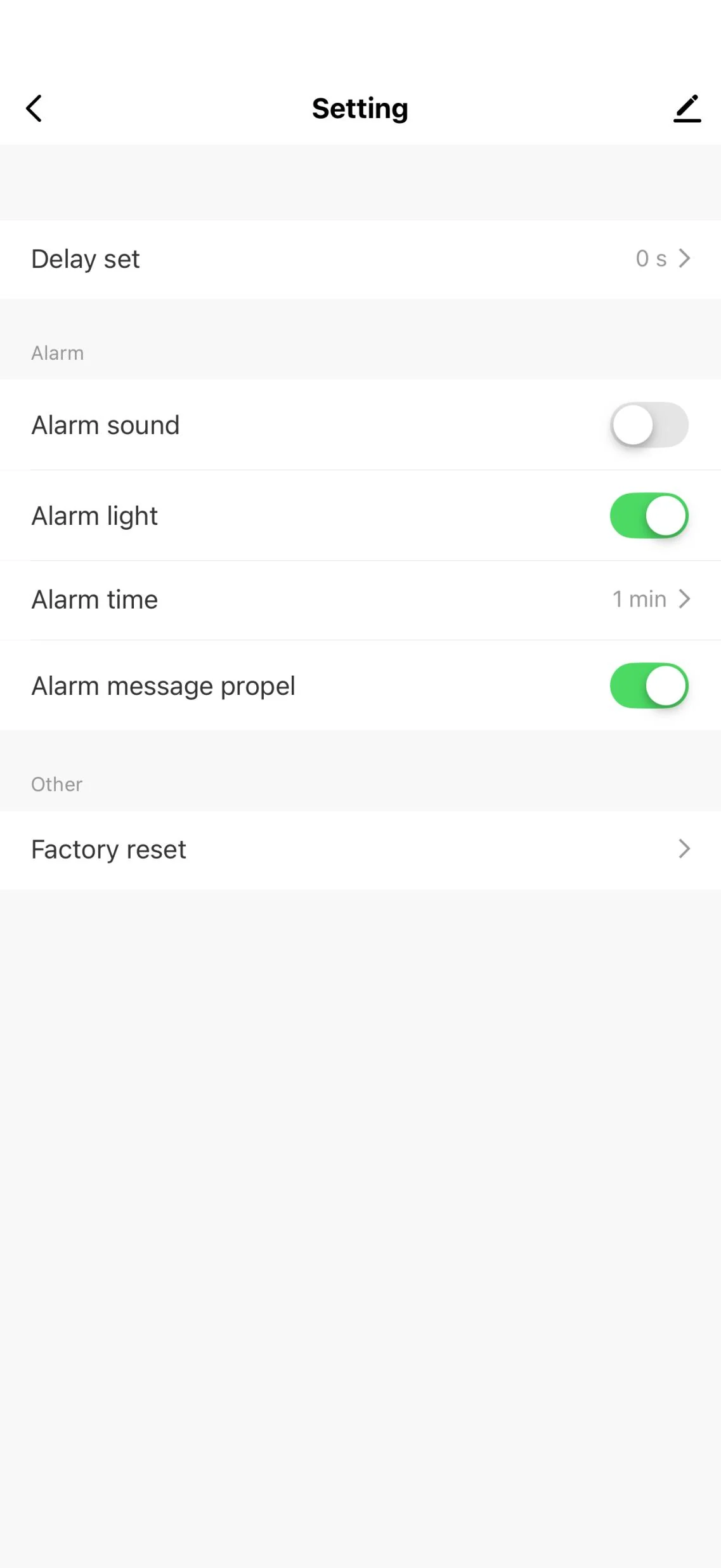 Mini Alarm Hub settings page in the Apeiron Guard App