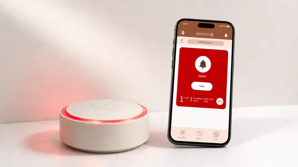 Mini Alarm Hub beside a phone showing an Apeiron Guard alarm notification