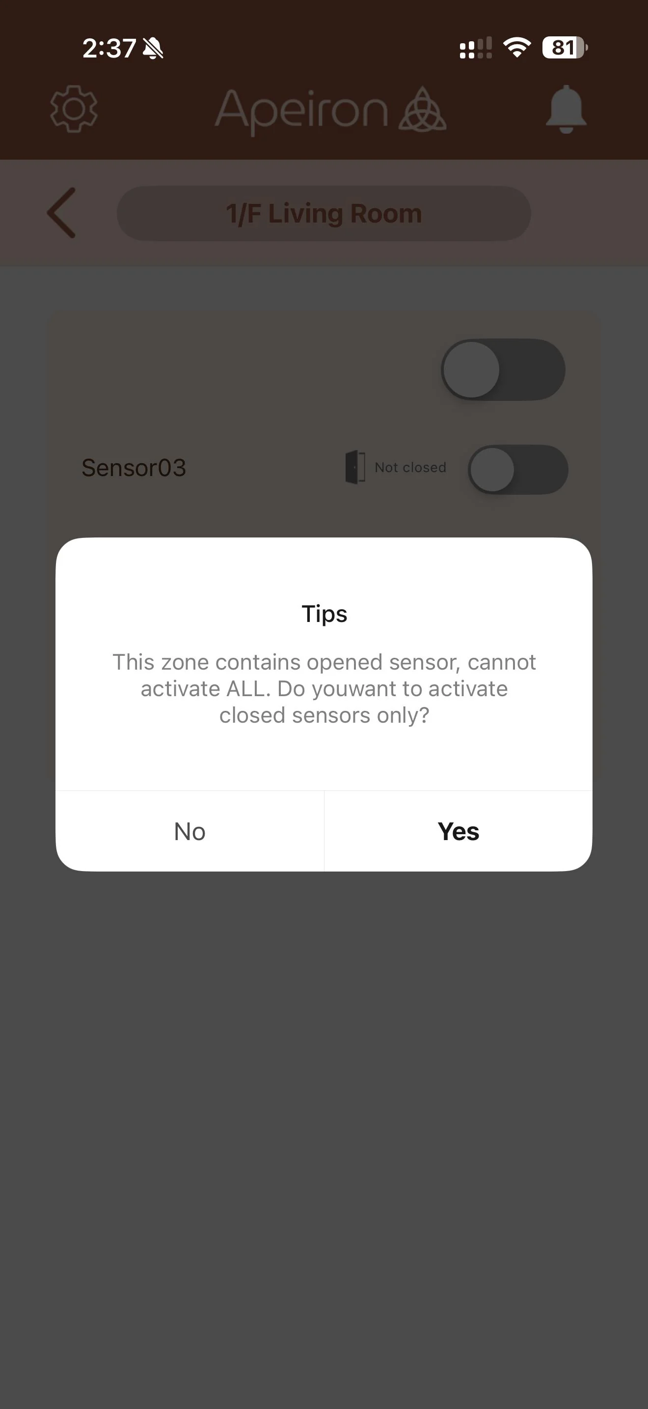 Open sensor warning in the Apeiron Guard App