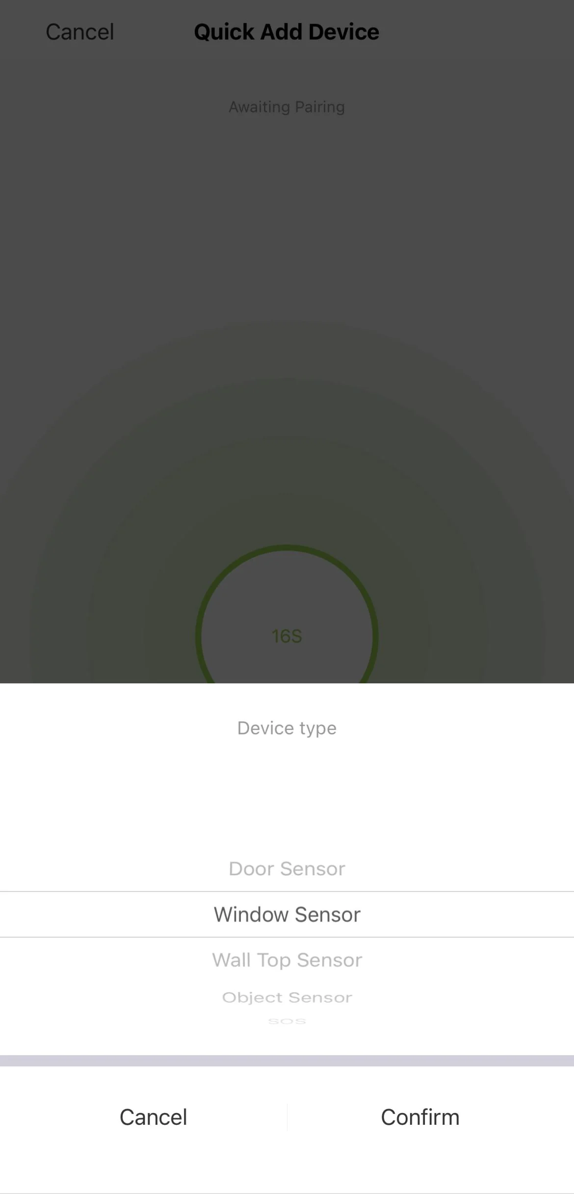 Sensor type selection and confirmation screen in the Apeiron Guard App