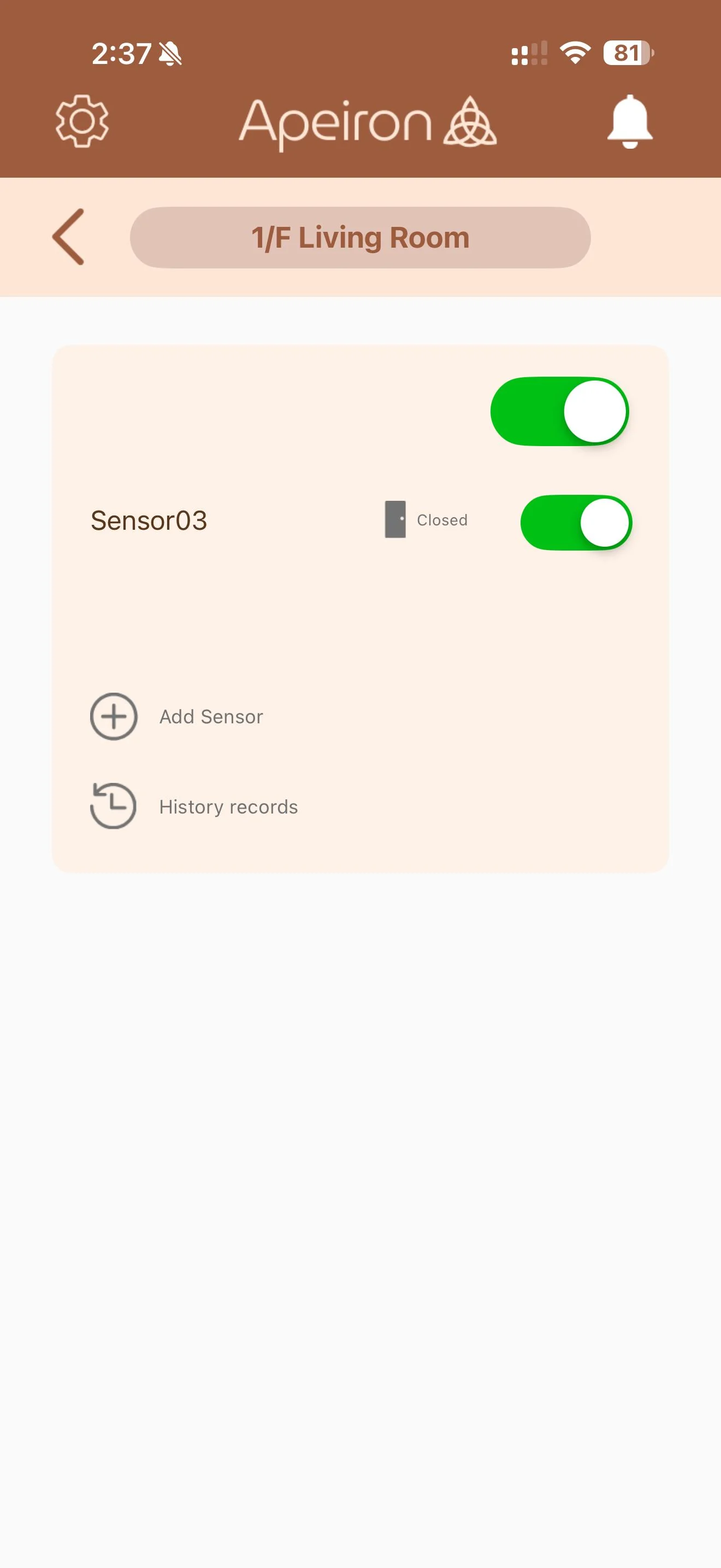 Apeiron Guard App showing green switches for an armed system