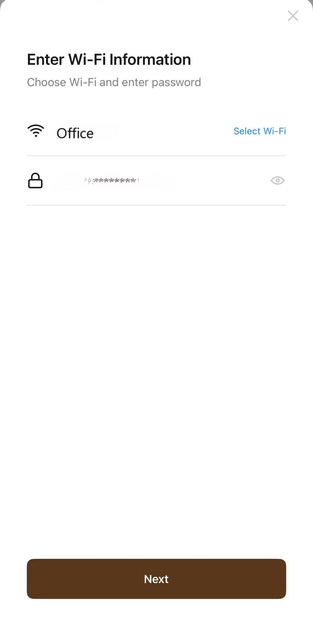 Wi-Fi information screen for connecting the Mini Alarm Hub