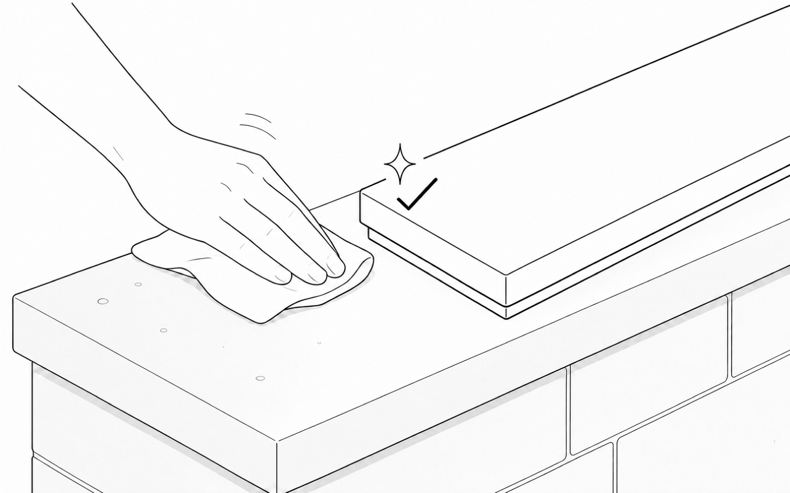 Black-and-white installation illustration showing a wall-top mounting surface being wiped clean beside a correctly scaled sensor