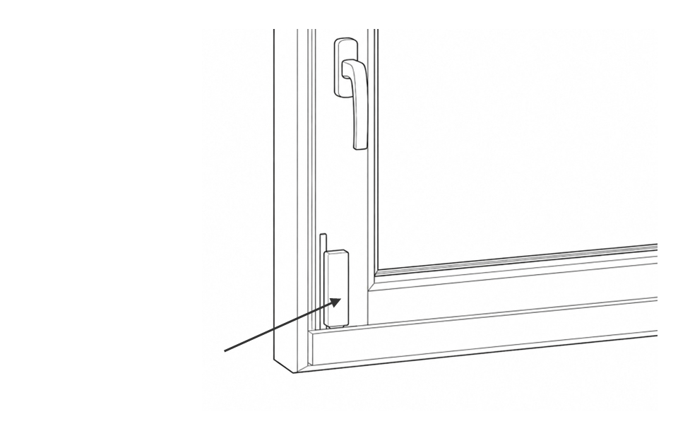 Window Sensor held vertically at the lower fixed window frame in the intended installation position