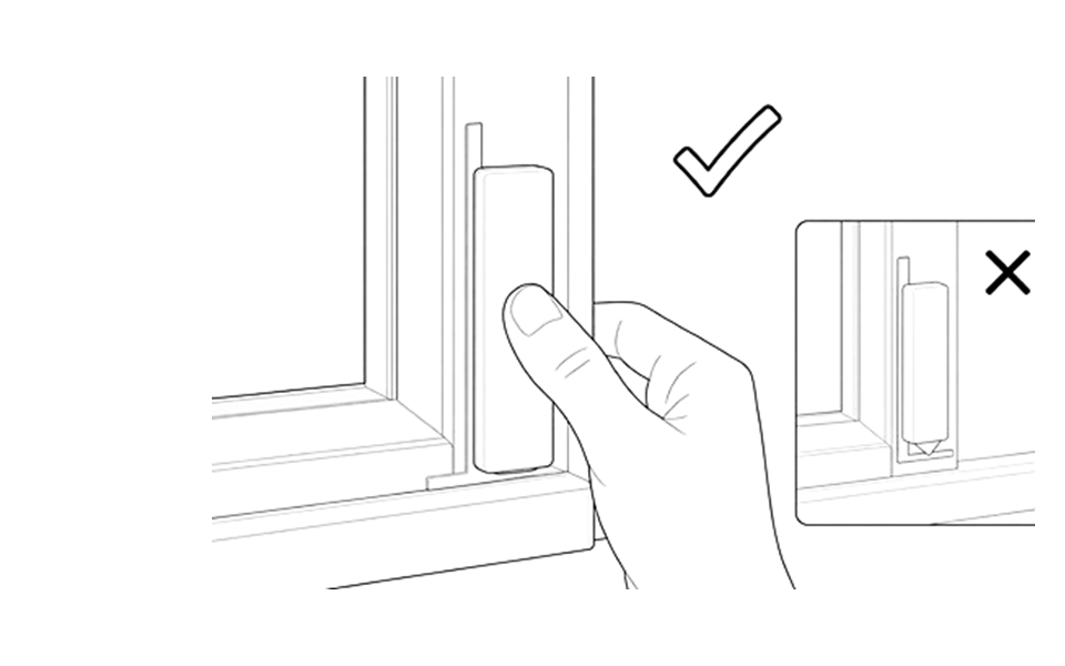 Pressing the Window Sensor firmly into a flush position, with an inset showing incorrect mounting over a gap