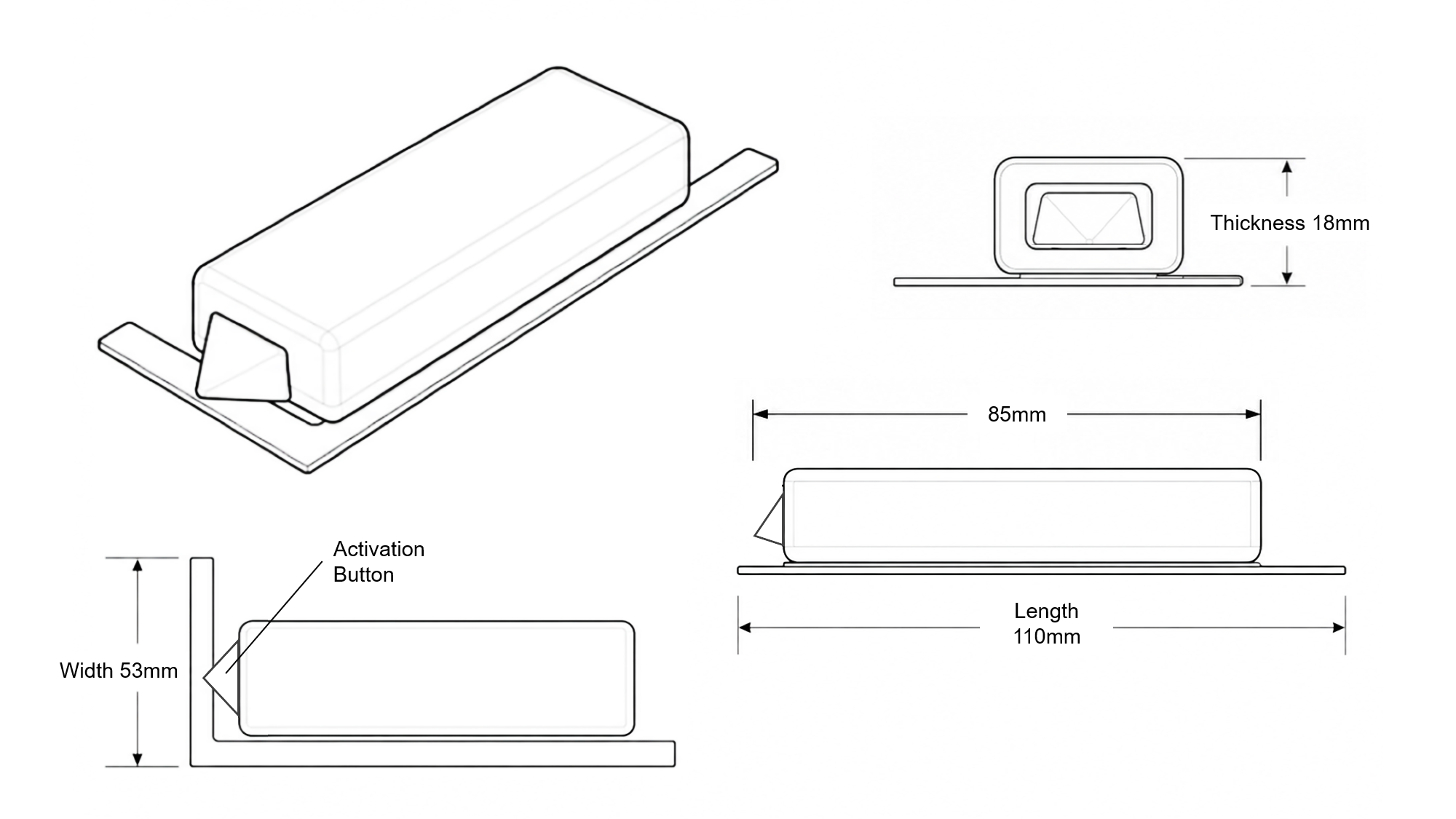 Approved technical dimension diagram for the Apeiron Guard Window Sensor showing the activation button and 110 by 53 by 18 millimetre overall mounting geometry